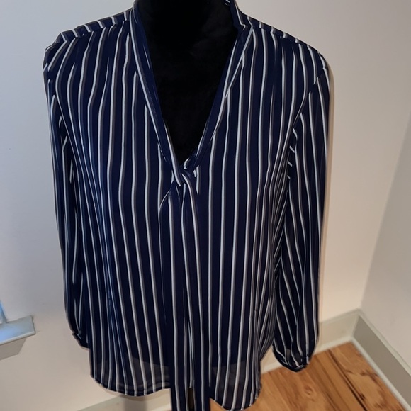 LAUREN Ralph Lauren Sz L blue white striped long sleeves front ties blouse 12 - Picture 1 of 7